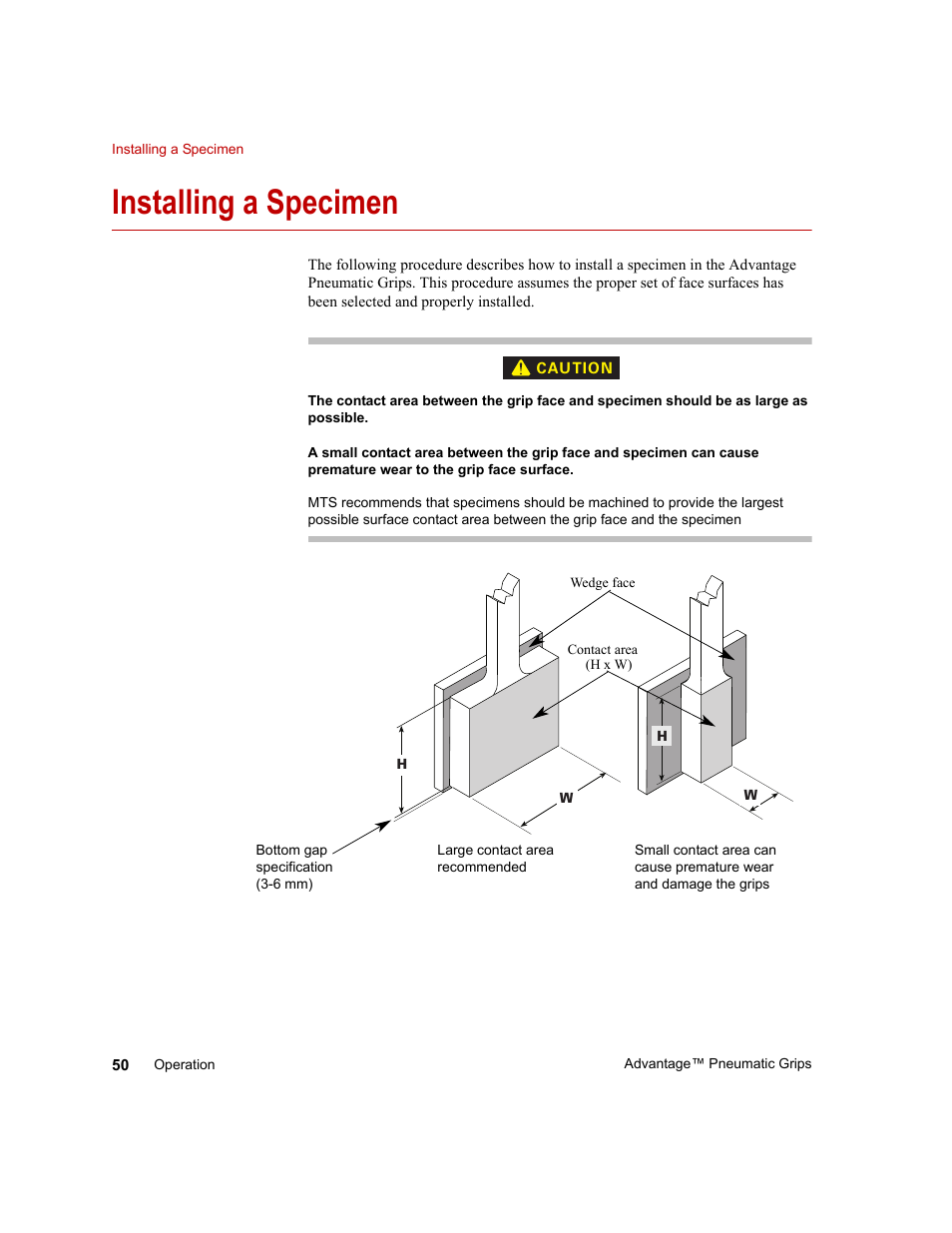 Installing a specimen, Installing a specimen 50 | MTS Advantage Pneumatic Grips User Manual | Page 50 / 58