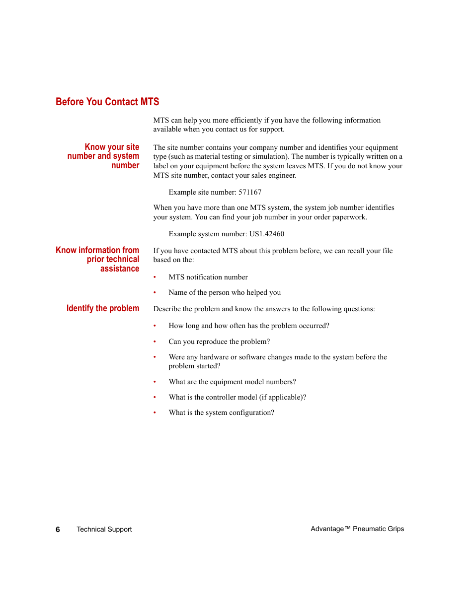 Before you contact mts, Before you contact mts 6 | MTS Advantage Pneumatic Grips User Manual | Page 6 / 58
