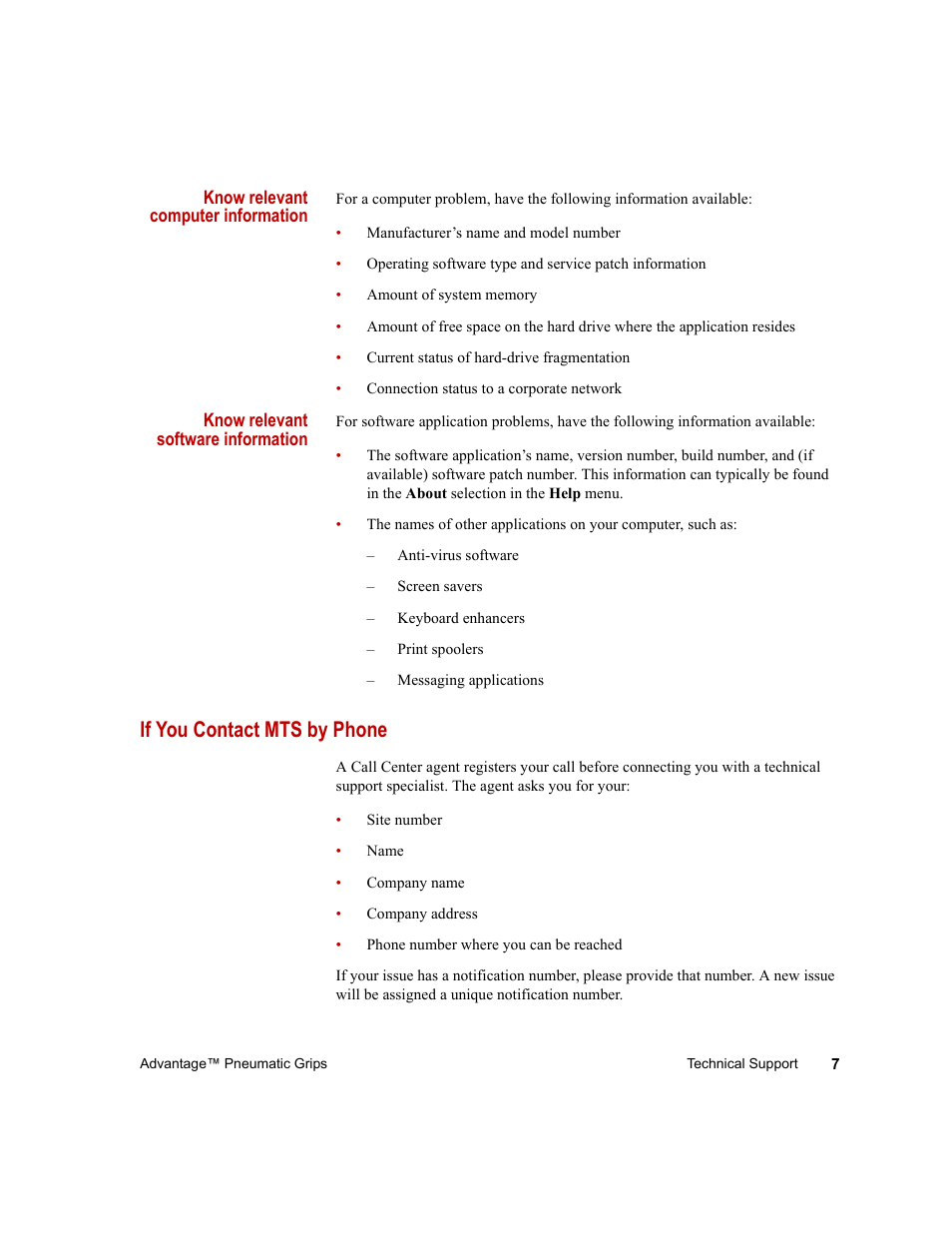 If you contact mts by phone, If you contact mts by phone 7 | MTS Advantage Pneumatic Grips User Manual | Page 7 / 58