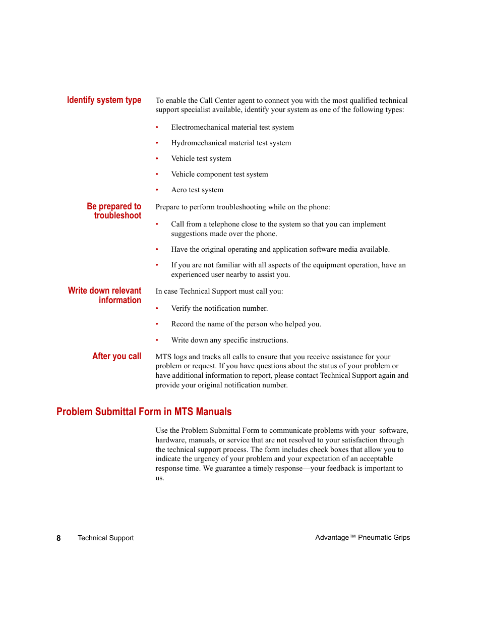 Problem submittal form in mts manuals, Problem submittal form in mts manuals 8 | MTS Advantage Pneumatic Grips User Manual | Page 8 / 58