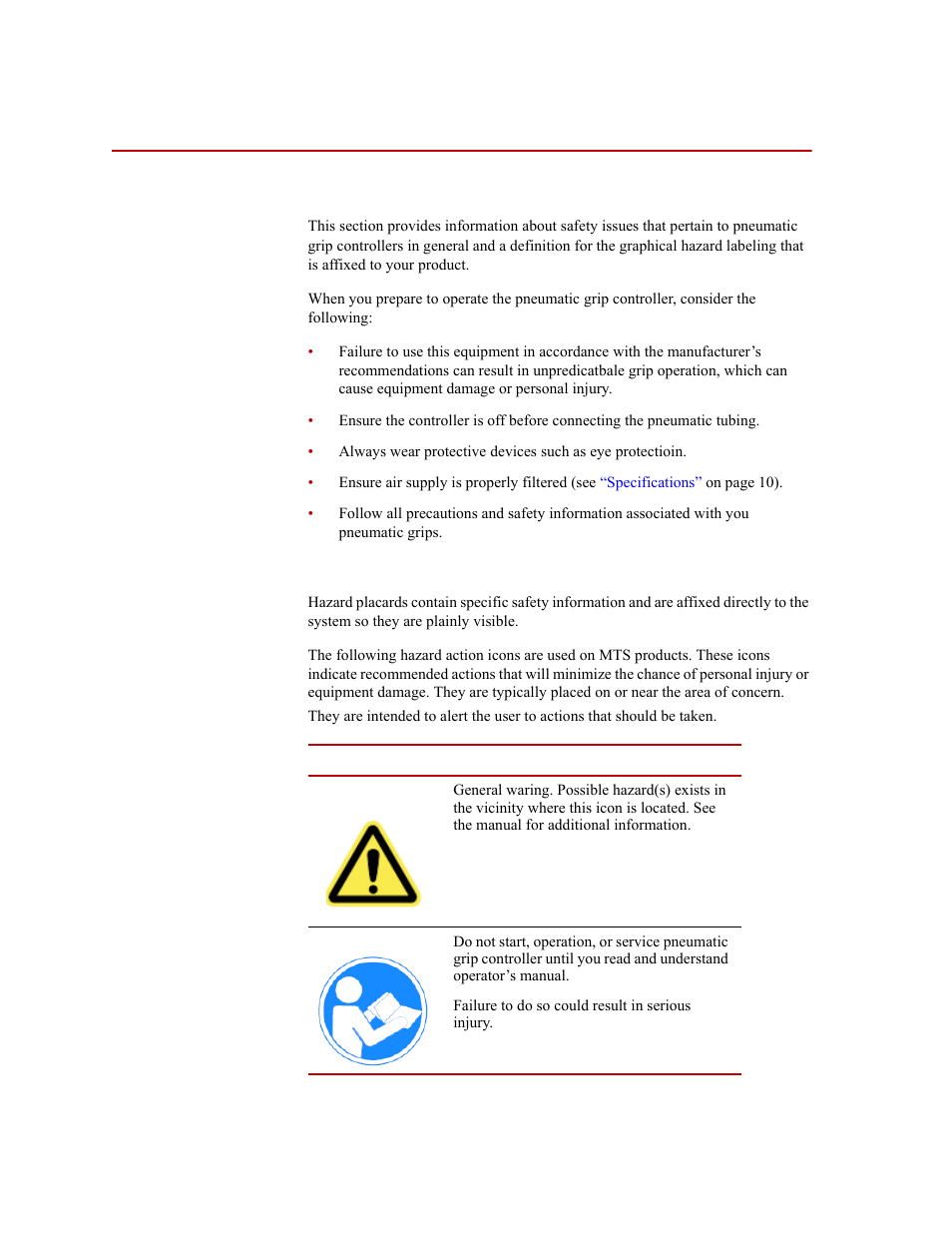 Safety, General safety precautions, Hazard placards | Safety 4 | MTS Fundamental Pneumatic Grip Controller User Manual | Page 4 / 12