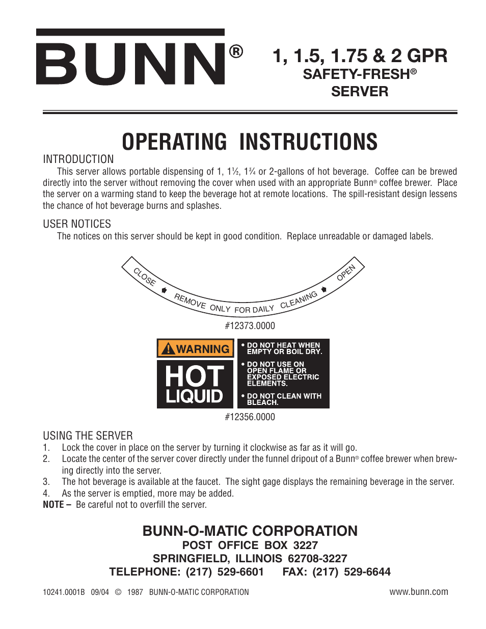 Bunn 1.5 User Manual | 2 pages