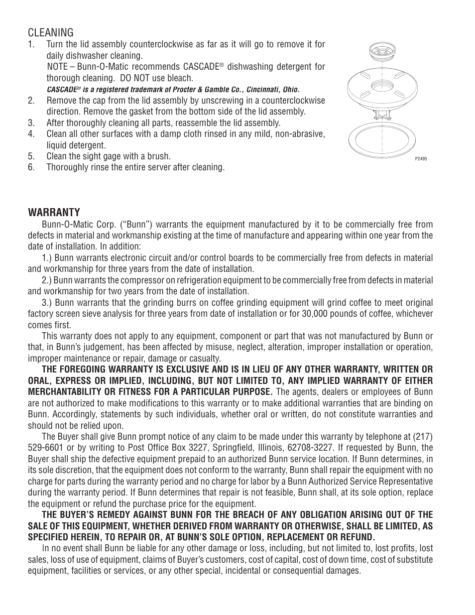Cleaning, Warranty | Bunn 1.5 User Manual | Page 2 / 2