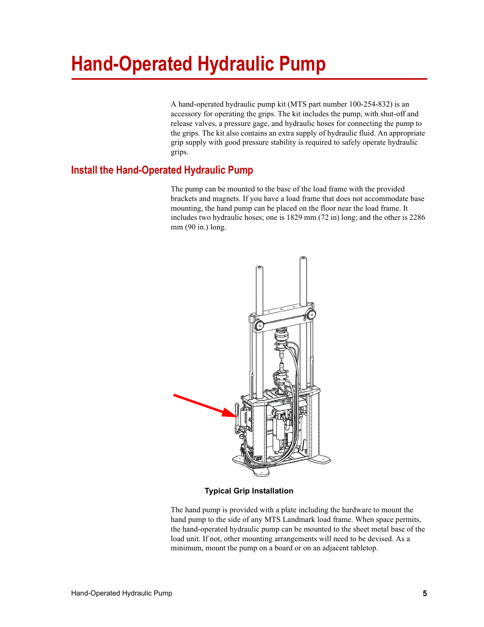 Install the hand-operated hydraulic pump, Install the hand-operated hydraulic pump 5, Hand-operated hydraulic pump | MTS Hand-Operated Hydraulic Pump User Manual | Page 5 / 14