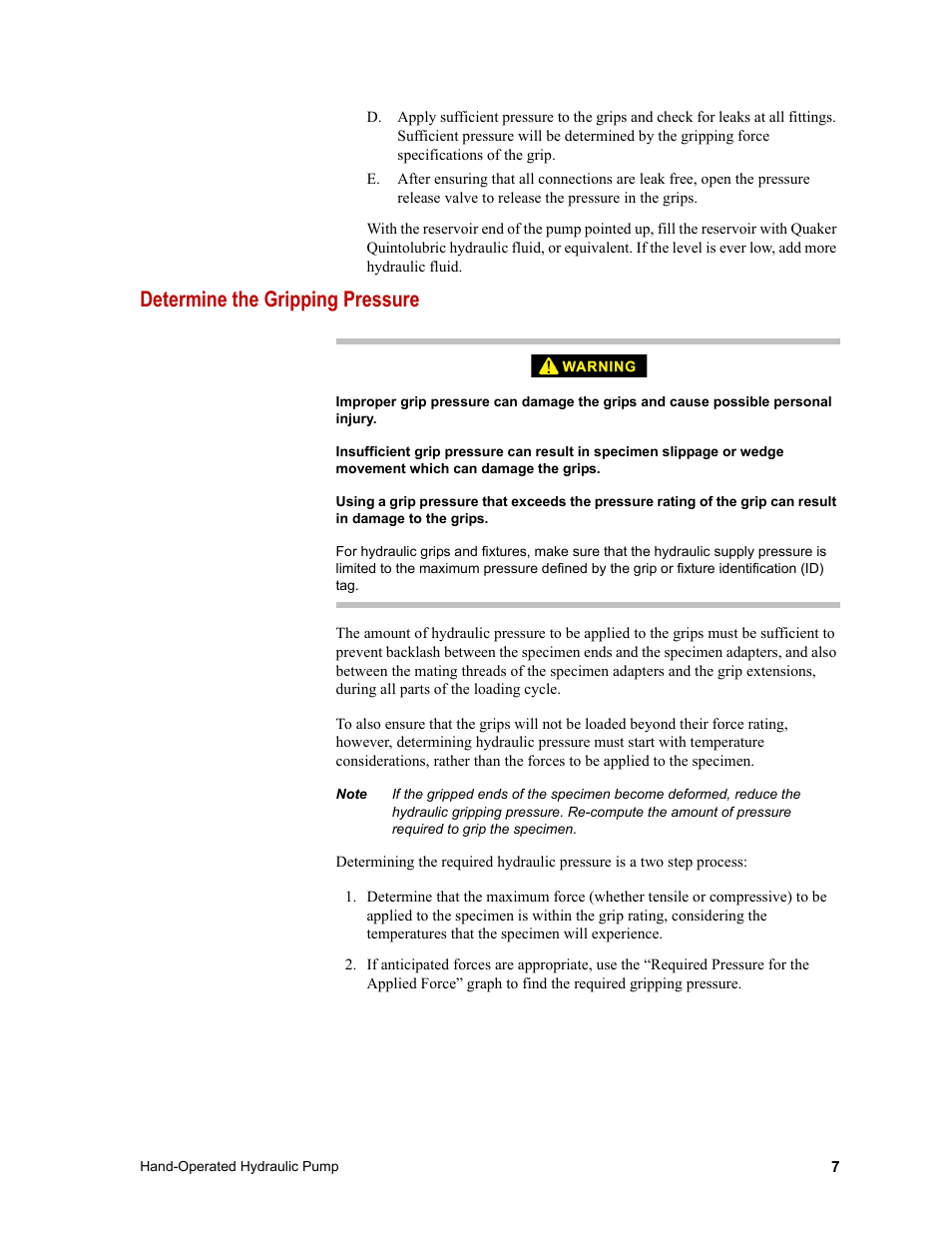 Determine the gripping pressure, Determine the gripping pressure 7 | MTS Hand-Operated Hydraulic Pump User Manual | Page 7 / 14