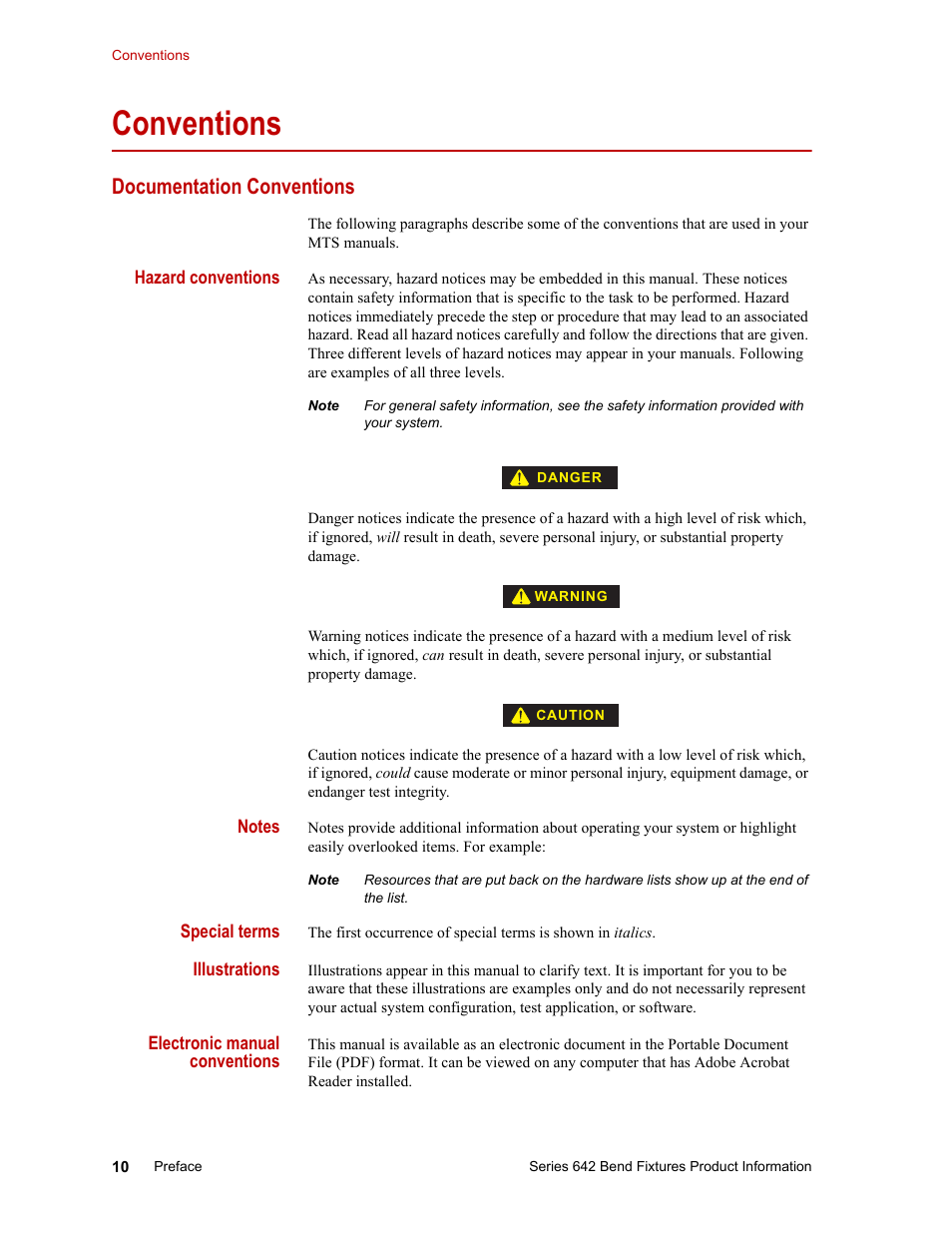 Documentation conventions, Conventions 10, Documentation conventions 10 | Conventions | MTS Series 642 Bend Fixtures User Manual | Page 10 / 46