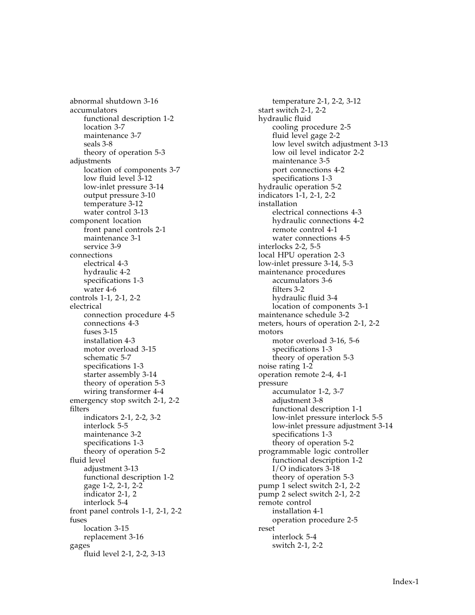 Index | MTS Hydraulic Power Unit Model 506-92 User Manual | Page 48 / 49