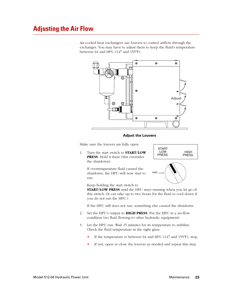 Adjusting the air flow, Adjusting the air flow 23, Cooled version go to | MTS Model 512-04 Hydraulic Power Unit User Manual | Page 23 / 35