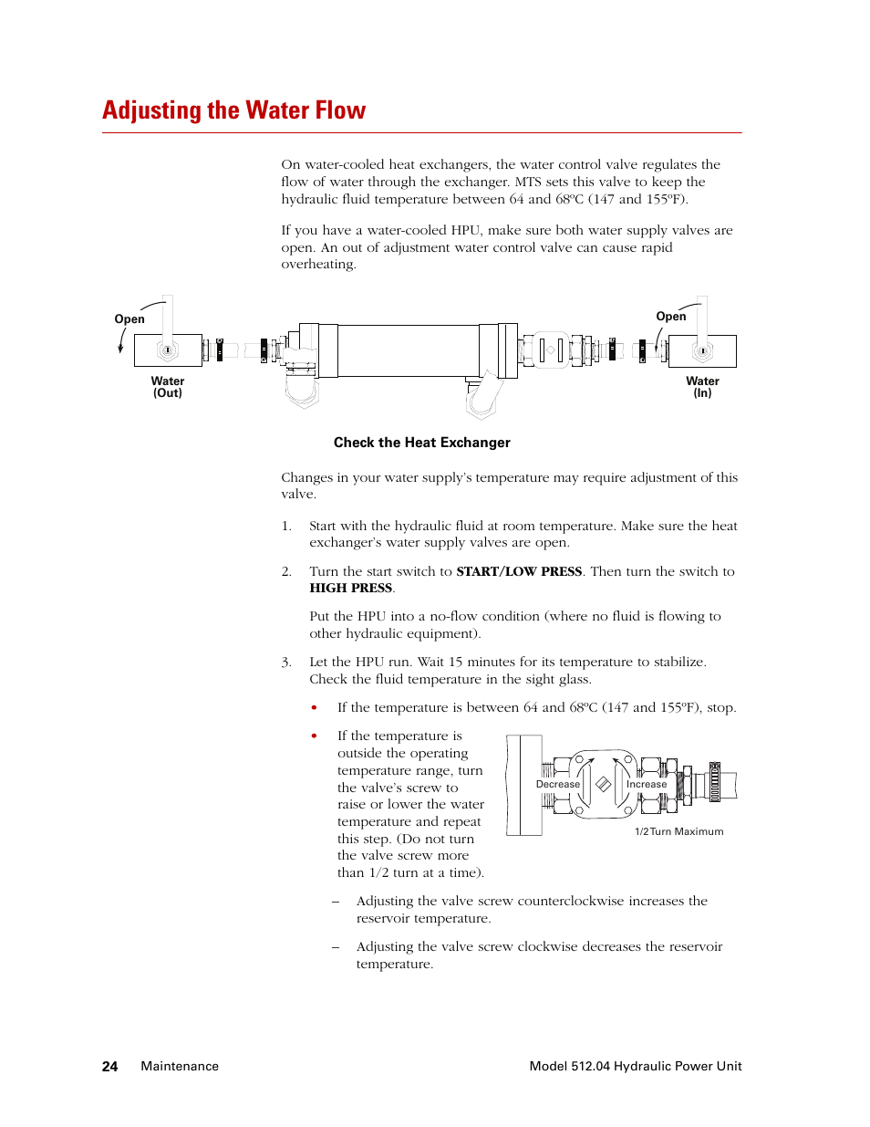 Adjusting the water flow, Adjusting the water flow 24, Adjusting the water | Flow | MTS Model 512-04 Hydraulic Power Unit User Manual | Page 24 / 35