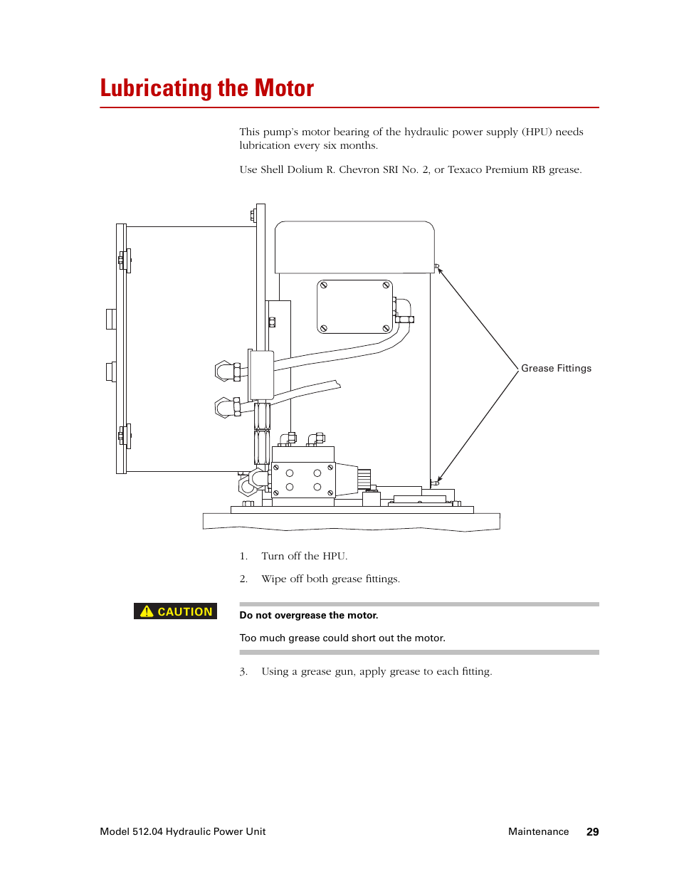 Lubricating the motor, Lubricating the motor 29 | MTS Model 512-04 Hydraulic Power Unit User Manual | Page 29 / 35