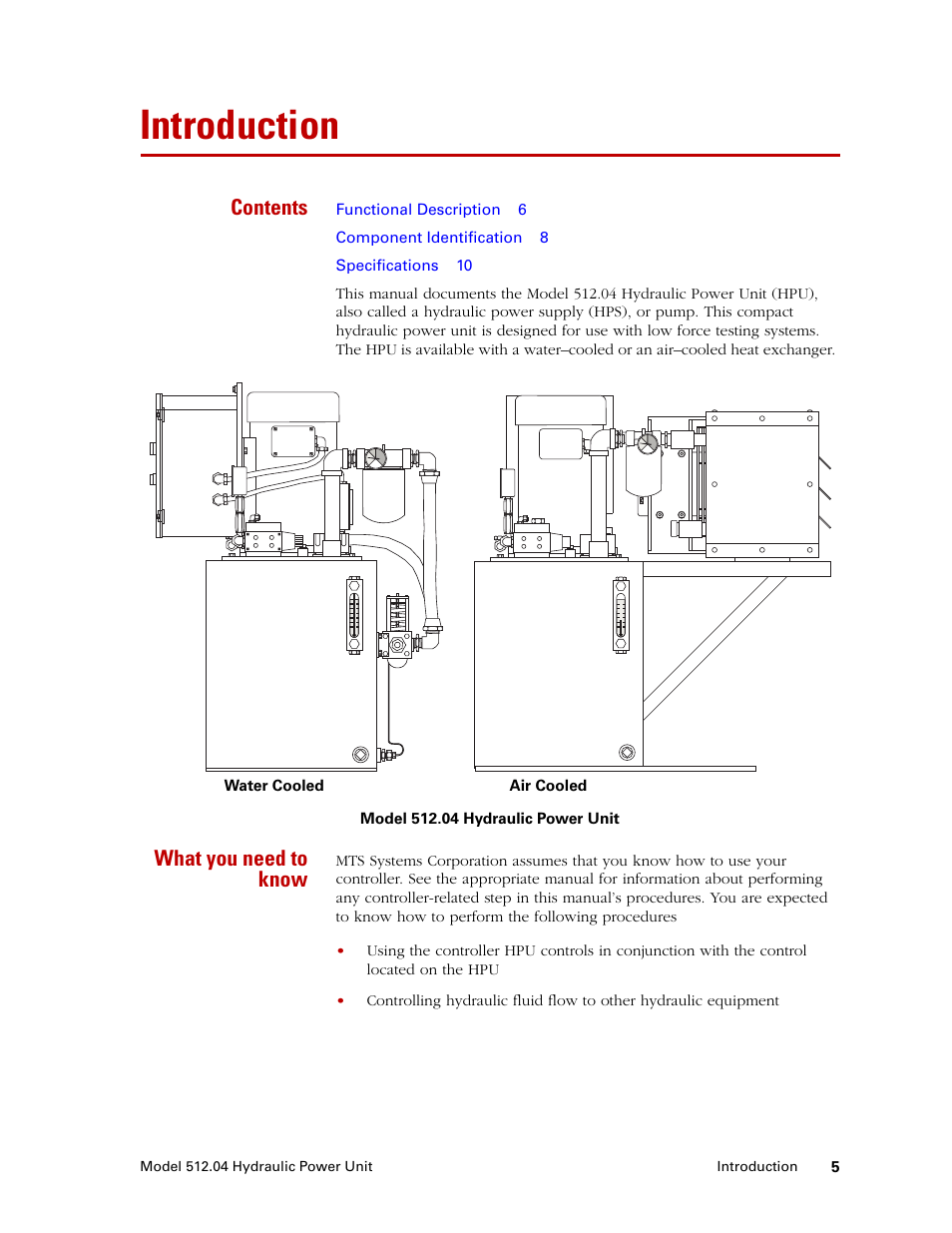 Introduction, Introduction 5 | MTS Model 512-04 Hydraulic Power Unit User Manual | Page 5 / 35