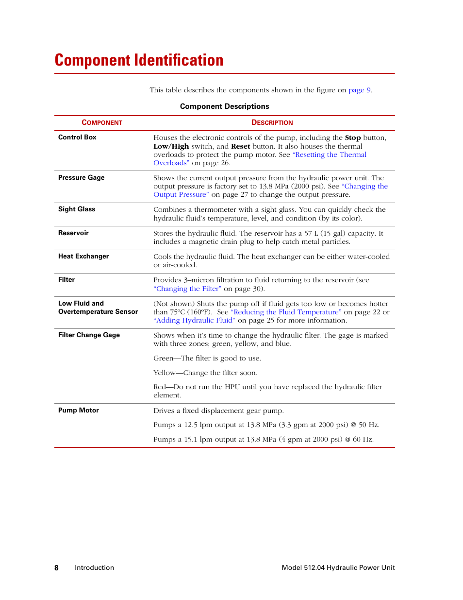 Component identification, Component identification 8 | MTS Model 512-04 Hydraulic Power Unit User Manual | Page 8 / 35
