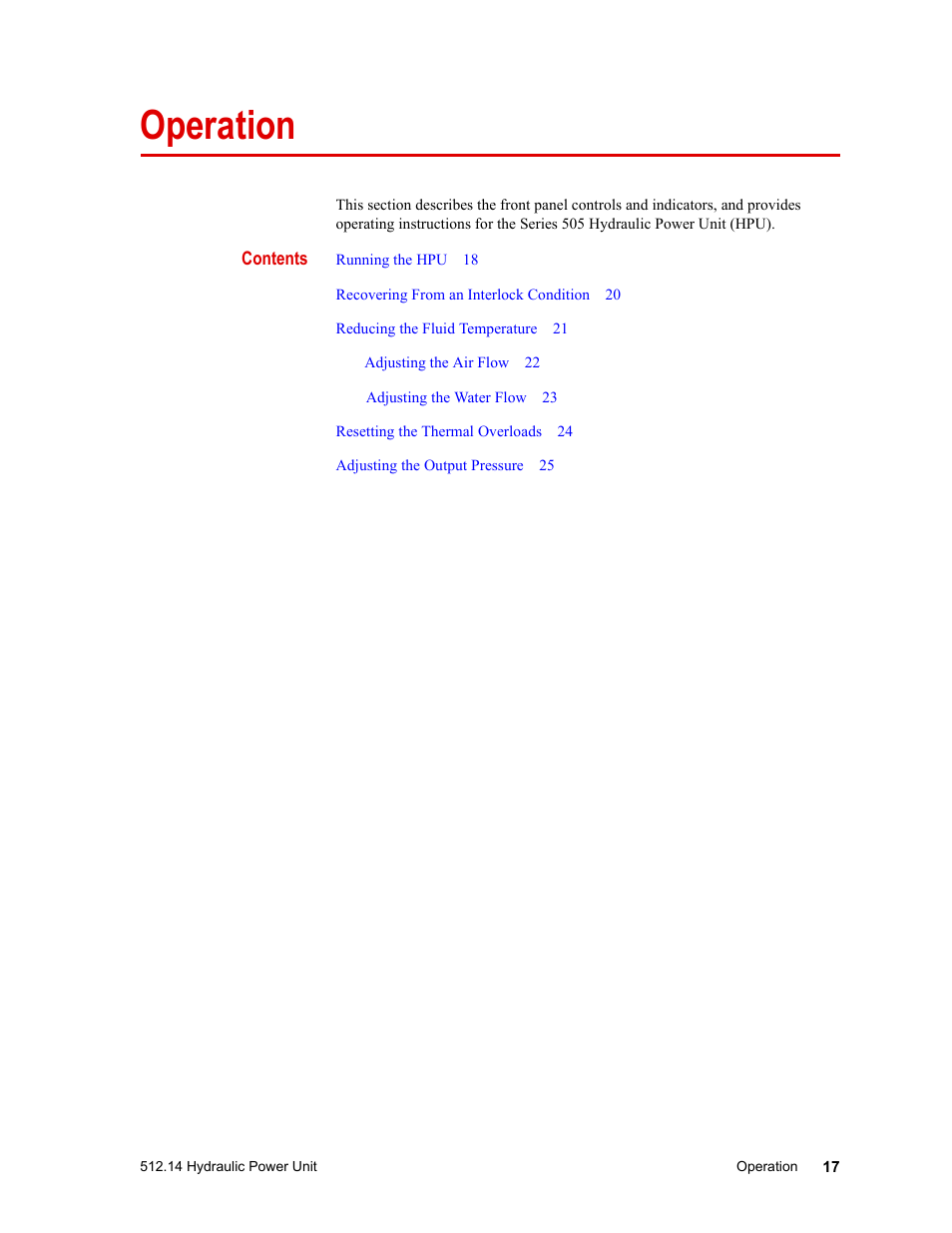 Operation, Operation 17 | MTS Model 512-14 Hydraulic Power Unit User Manual | Page 17 / 44