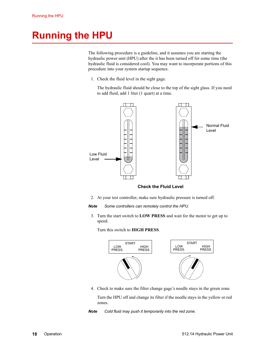 Running the hpu, Running the hpu 18 | MTS Model 512-14 Hydraulic Power Unit User Manual | Page 18 / 44