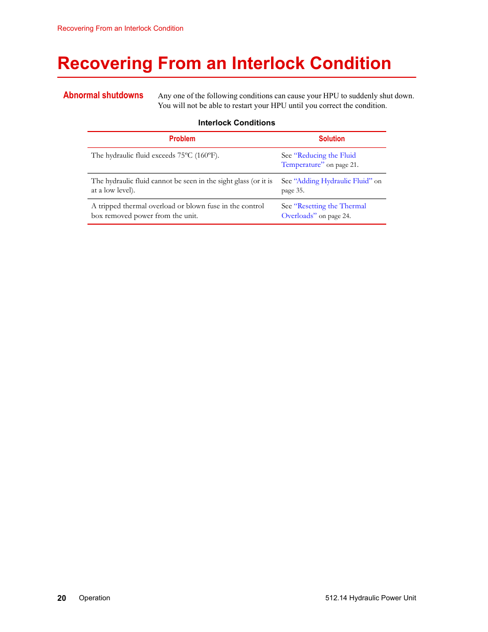 Recovering from an interlock condition, Recovering from an interlock condition 20 | MTS Model 512-14 Hydraulic Power Unit User Manual | Page 20 / 44