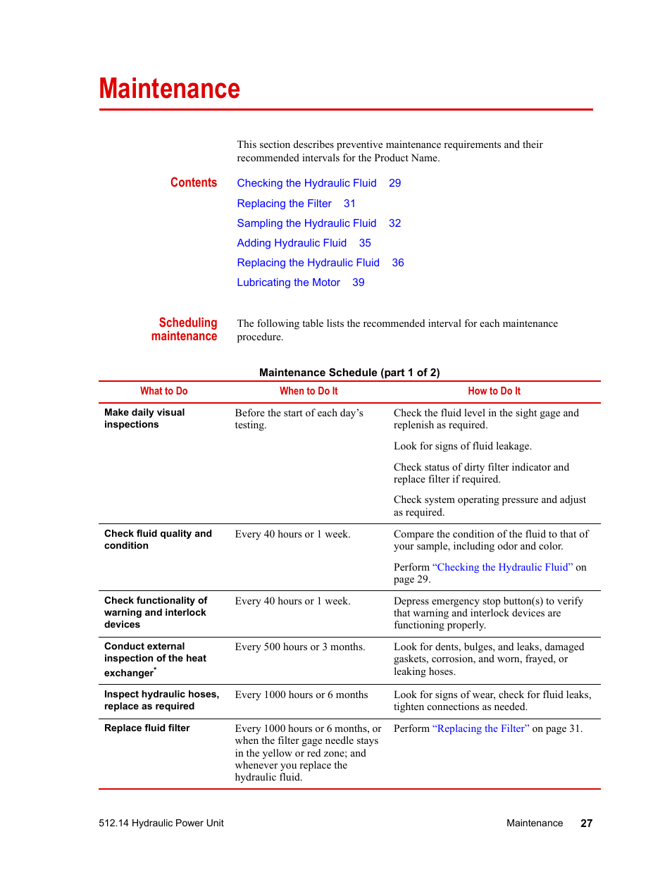 Maintenance, Maintenance 27 | MTS Model 512-14 Hydraulic Power Unit User Manual | Page 27 / 44