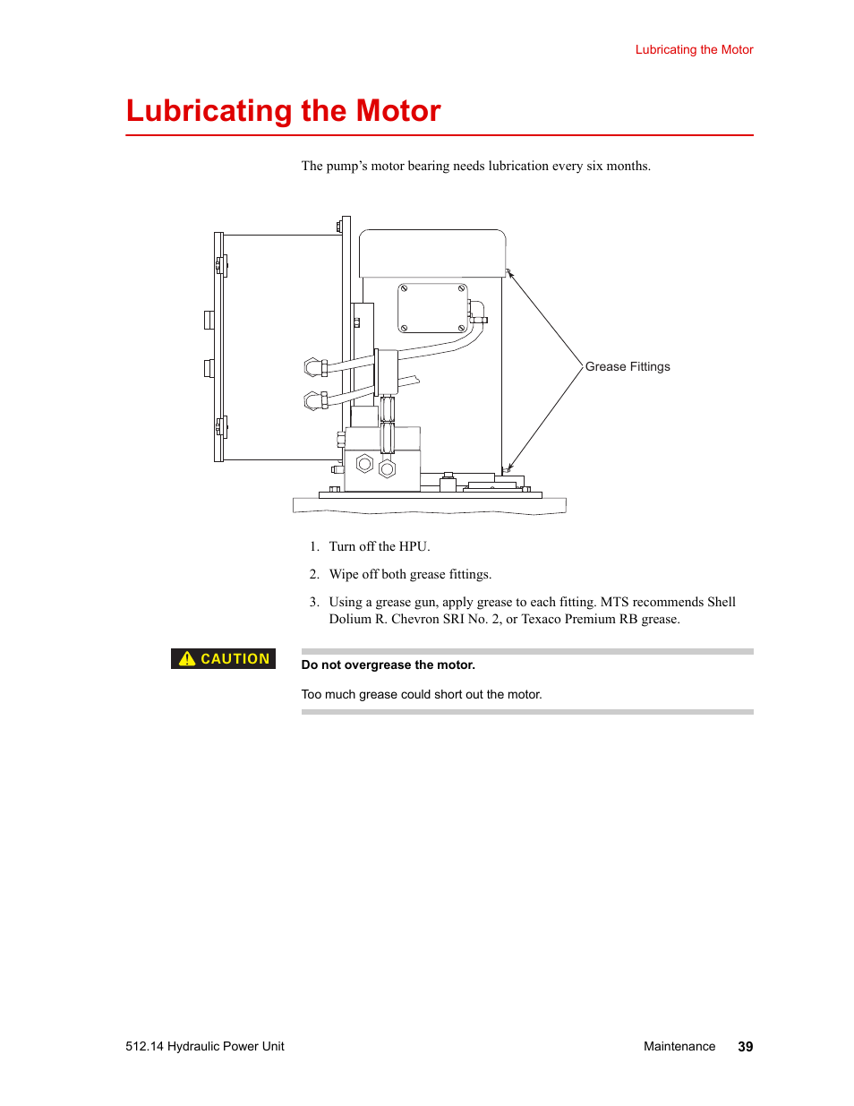 Lubricating the motor, Lubricating the motor 39 | MTS Model 512-14 Hydraulic Power Unit User Manual | Page 39 / 44