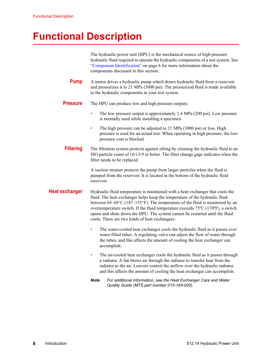 Functional description, Functional description 8 | MTS Model 512-14 Hydraulic Power Unit User Manual | Page 8 / 44