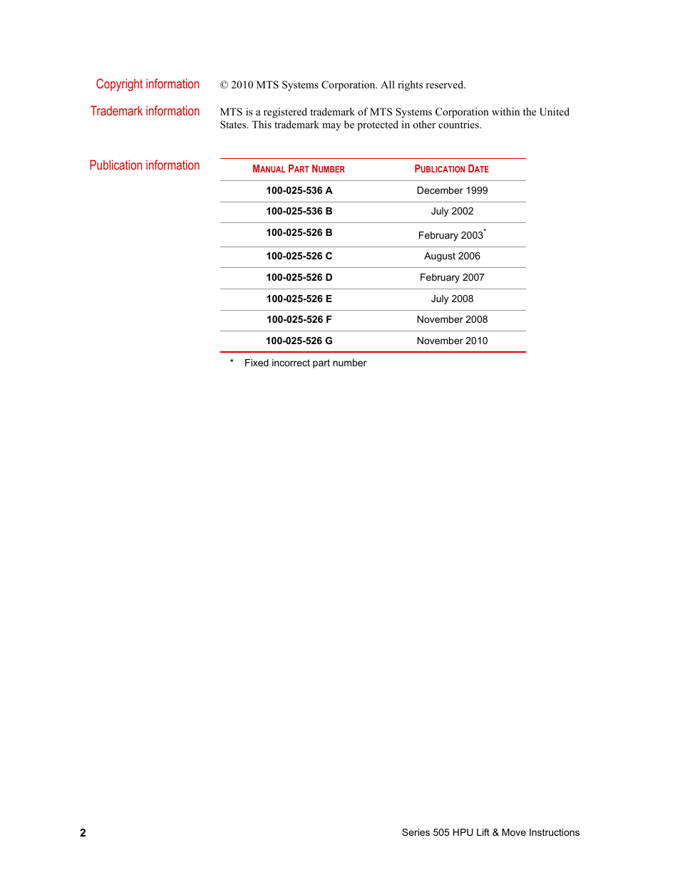 Copyright information, Trademark information, Publication information | MTS Series 505 SilentFlo HPU Lift & Move Model 505-XX User Manual | Page 2 / 8