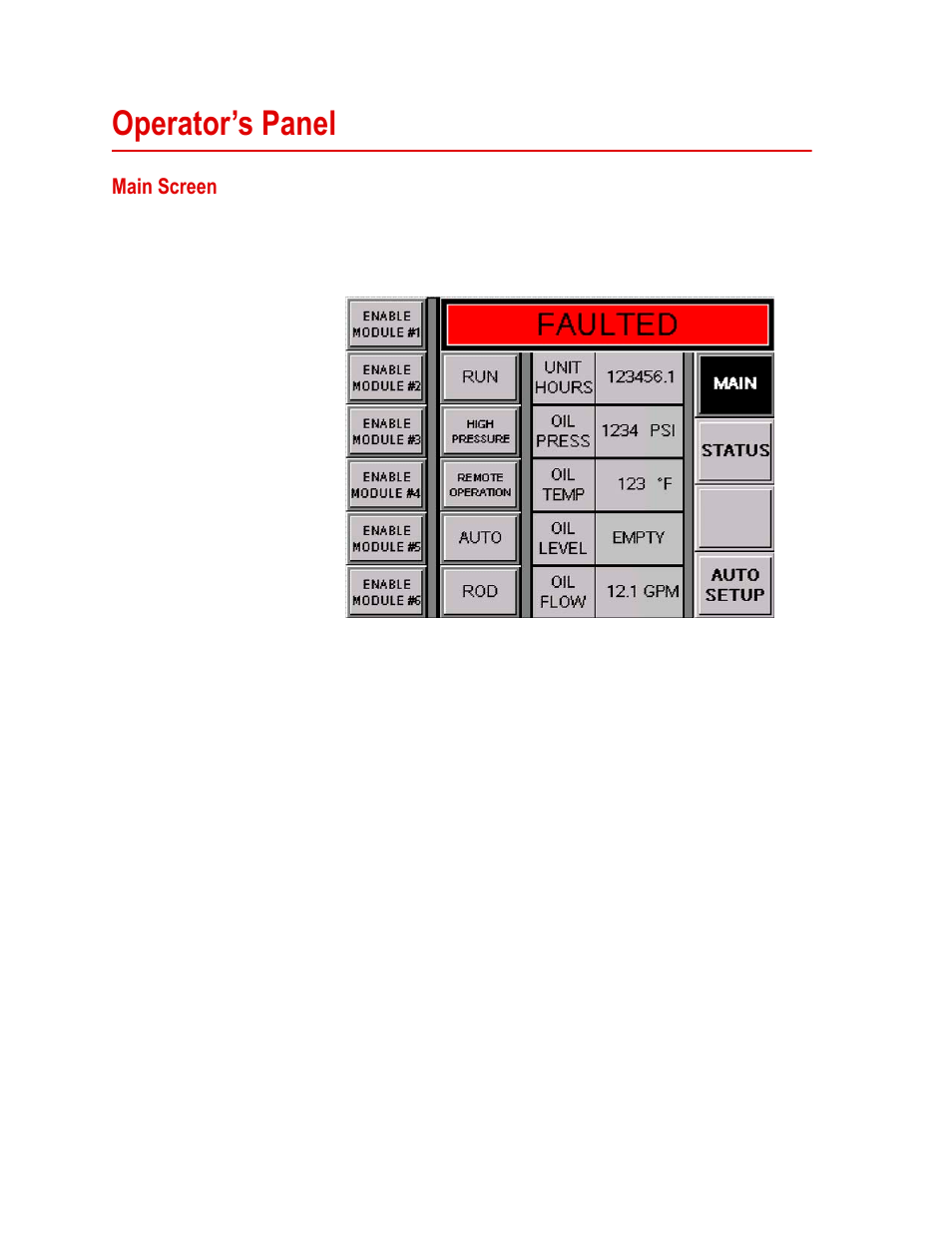 Operator’s panel, Main screen, Operator’s panel 14 | Main screen 14 | MTS Multi-Pump Control Manager Remote Human-Machine Interface User Manual | Page 16 / 34