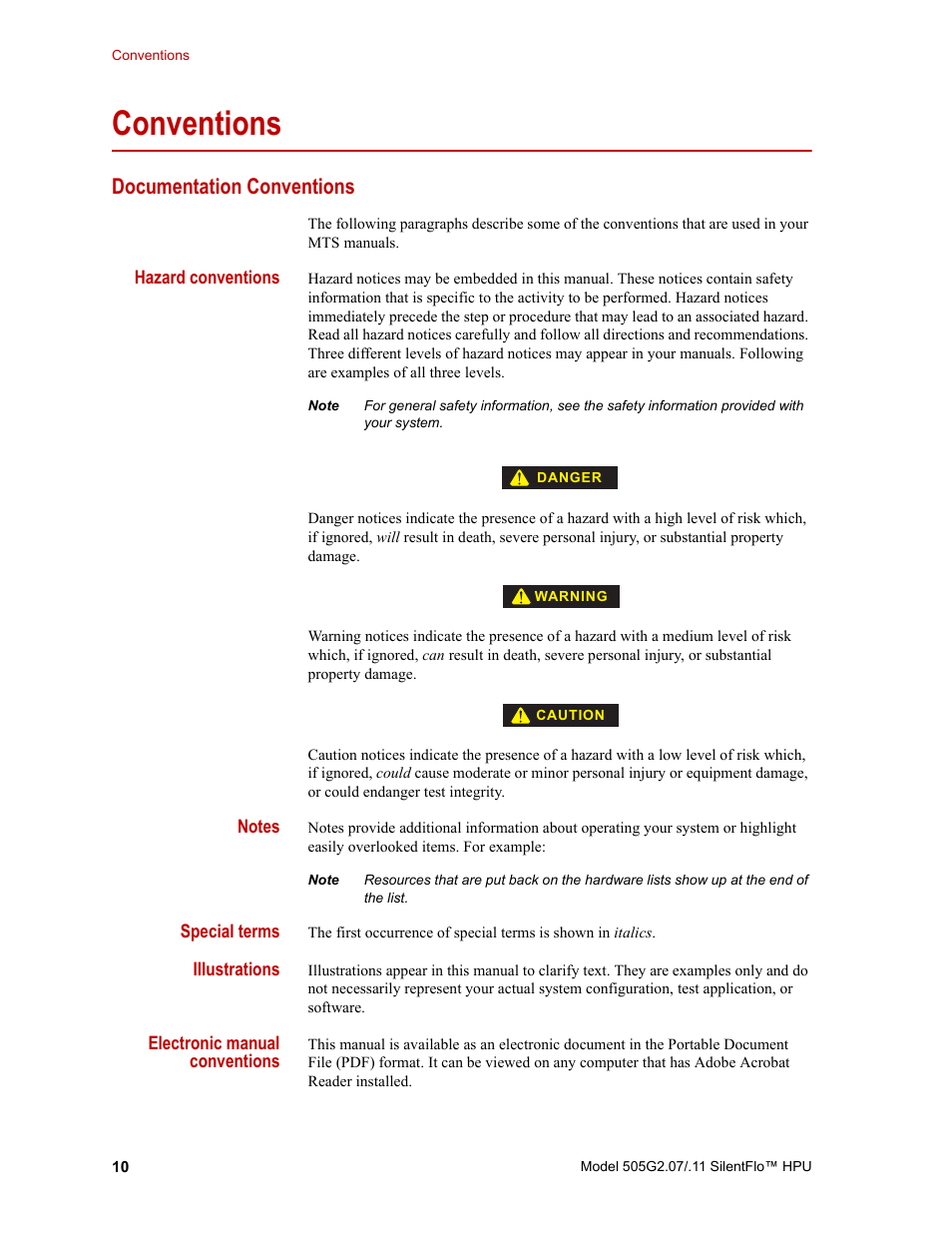 Conventions, Documentation conventions, Conventions 10 | Documentation conventions 10 | MTS Series 505G2 SilentFlo Hydraulic Power Unit Model 505G2-11 User Manual | Page 10 / 86