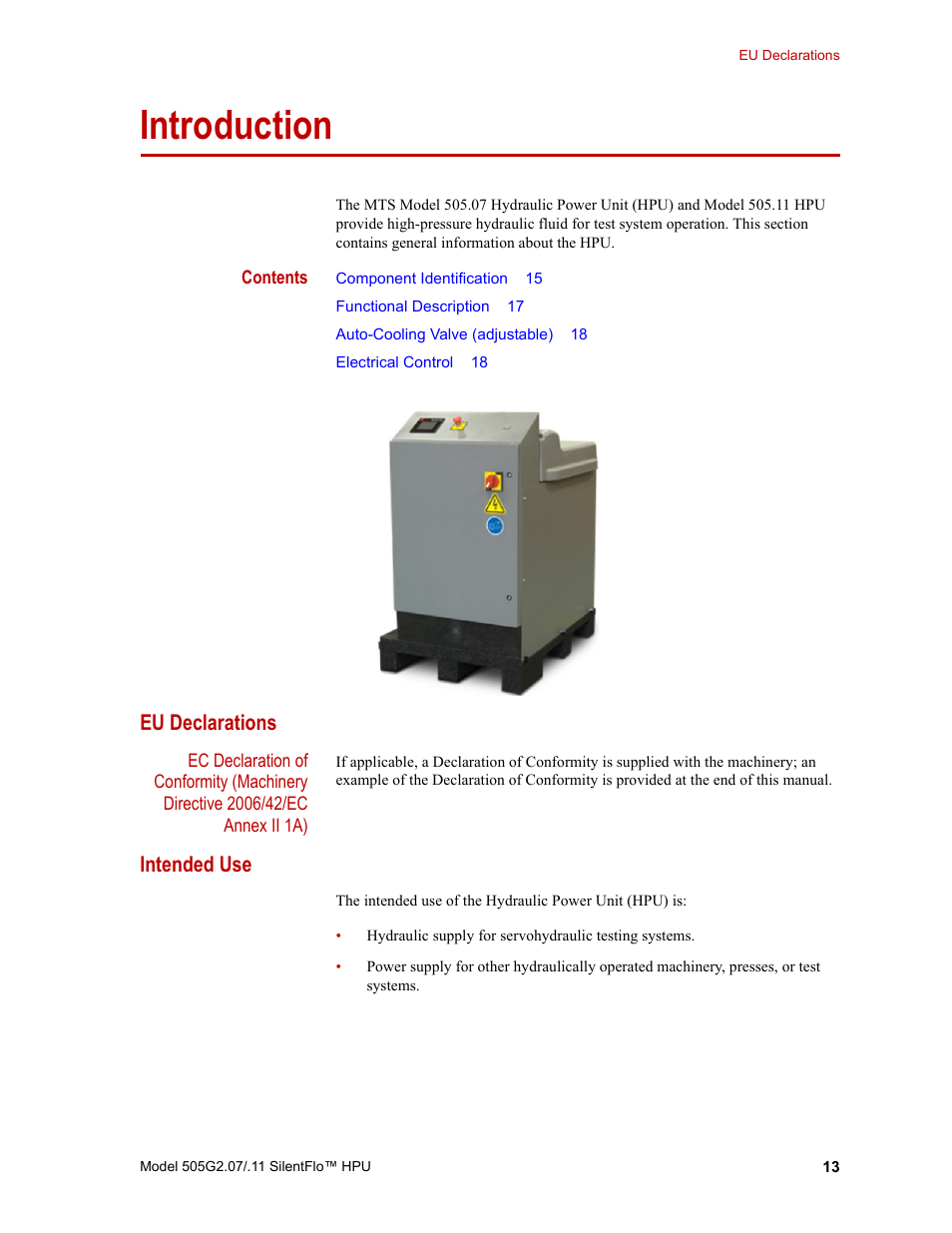 Introduction, Eu declarations, Intended use | Introduction 13, Eu declarations 13 intended use 13 | MTS Series 505G2 SilentFlo Hydraulic Power Unit Model 505G2-11 User Manual | Page 13 / 86