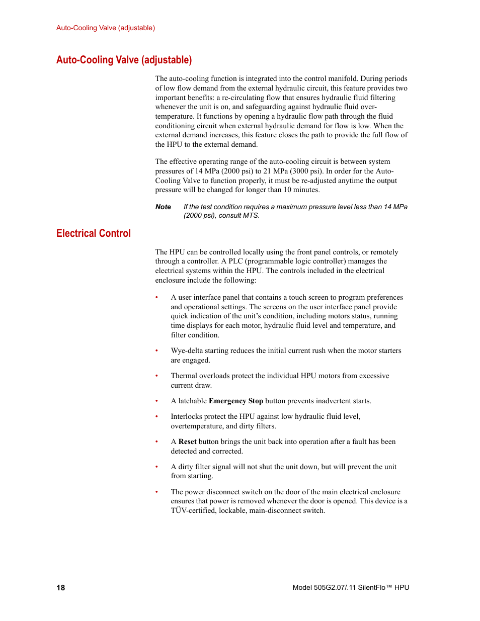 Auto-cooling valve (adjustable), Electrical control, Auto-cooling valve (adjustable) 18 | Electrical control 18 | MTS Series 505G2 SilentFlo Hydraulic Power Unit Model 505G2-11 User Manual | Page 18 / 86