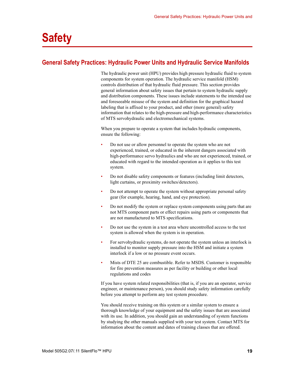 Safety, Safety 19 | MTS Series 505G2 SilentFlo Hydraulic Power Unit Model 505G2-11 User Manual | Page 19 / 86
