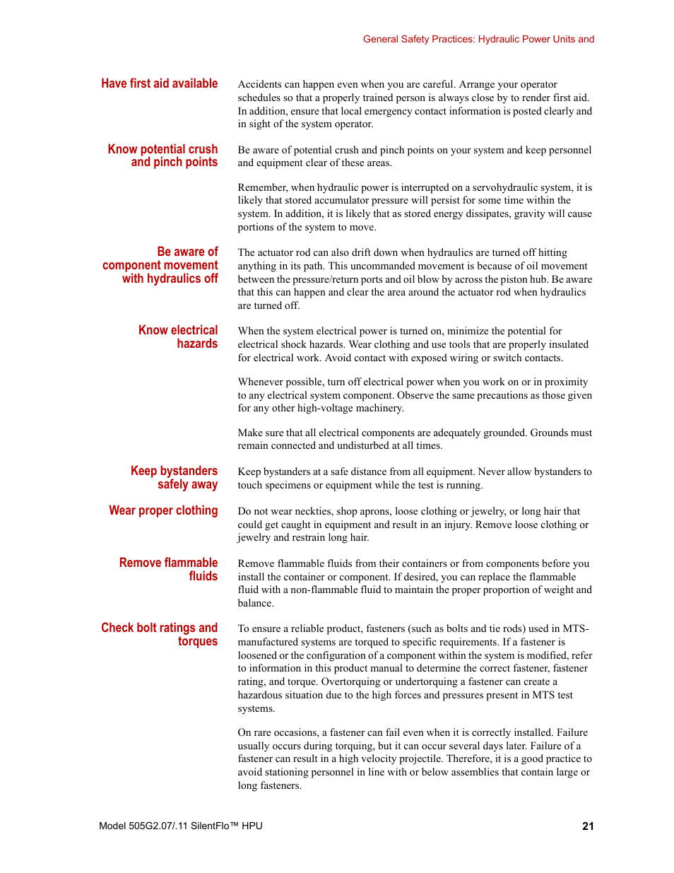 MTS Series 505G2 SilentFlo Hydraulic Power Unit Model 505G2-11 User Manual | Page 21 / 86