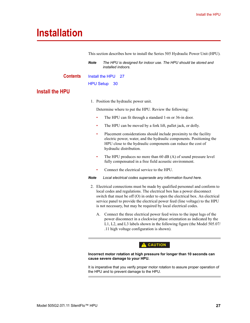 Installation, Install the hpu, Installation 27 | Install the hpu 27 | MTS Series 505G2 SilentFlo Hydraulic Power Unit Model 505G2-11 User Manual | Page 27 / 86