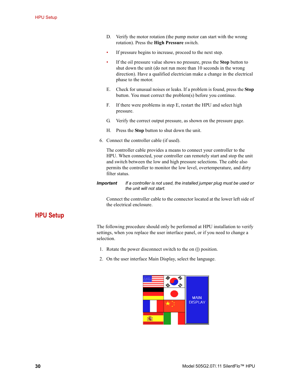 Hpu setup, Hpu setup 30 | MTS Series 505G2 SilentFlo Hydraulic Power Unit Model 505G2-11 User Manual | Page 30 / 86
