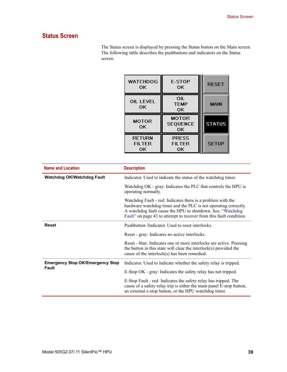 Status screen, Status screen 39 | MTS Series 505G2 SilentFlo Hydraulic Power Unit Model 505G2-11 User Manual | Page 39 / 86