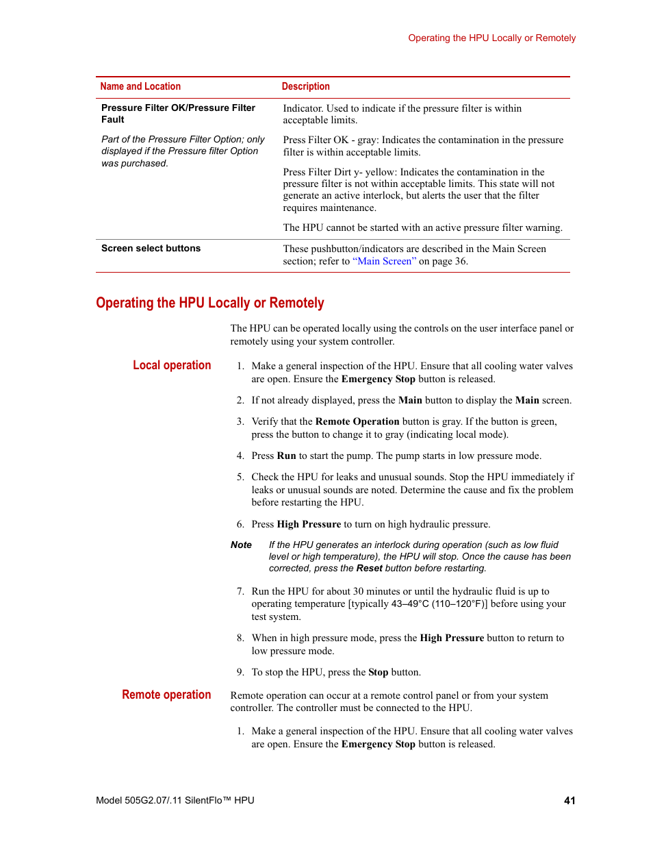 Operating the hpu locally or remotely, Operating the hpu locally or remotely 41 | MTS Series 505G2 SilentFlo Hydraulic Power Unit Model 505G2-11 User Manual | Page 41 / 86