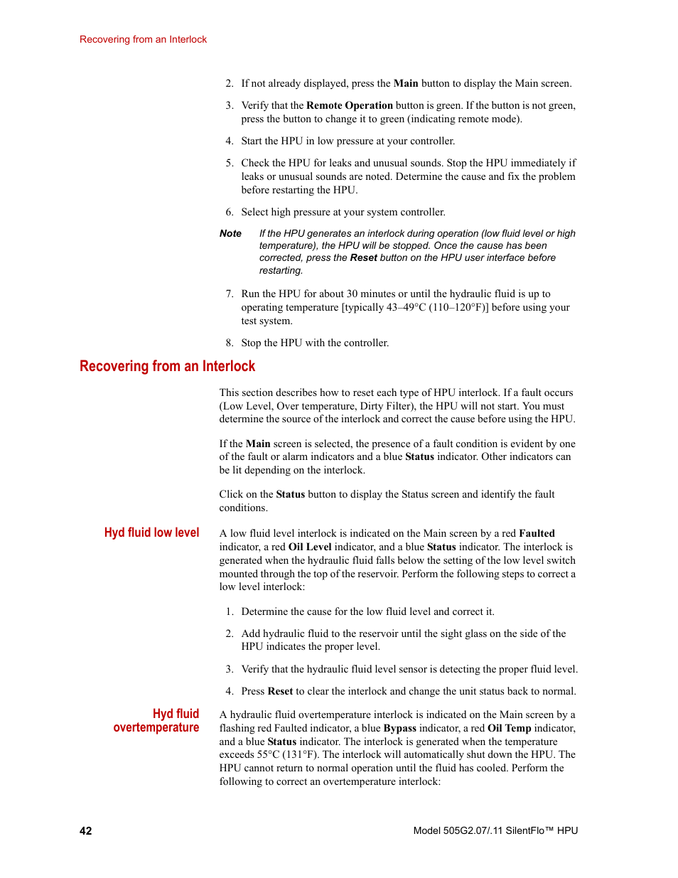 Recovering from an interlock, Recovering from an interlock 42 | MTS Series 505G2 SilentFlo Hydraulic Power Unit Model 505G2-11 User Manual | Page 42 / 86