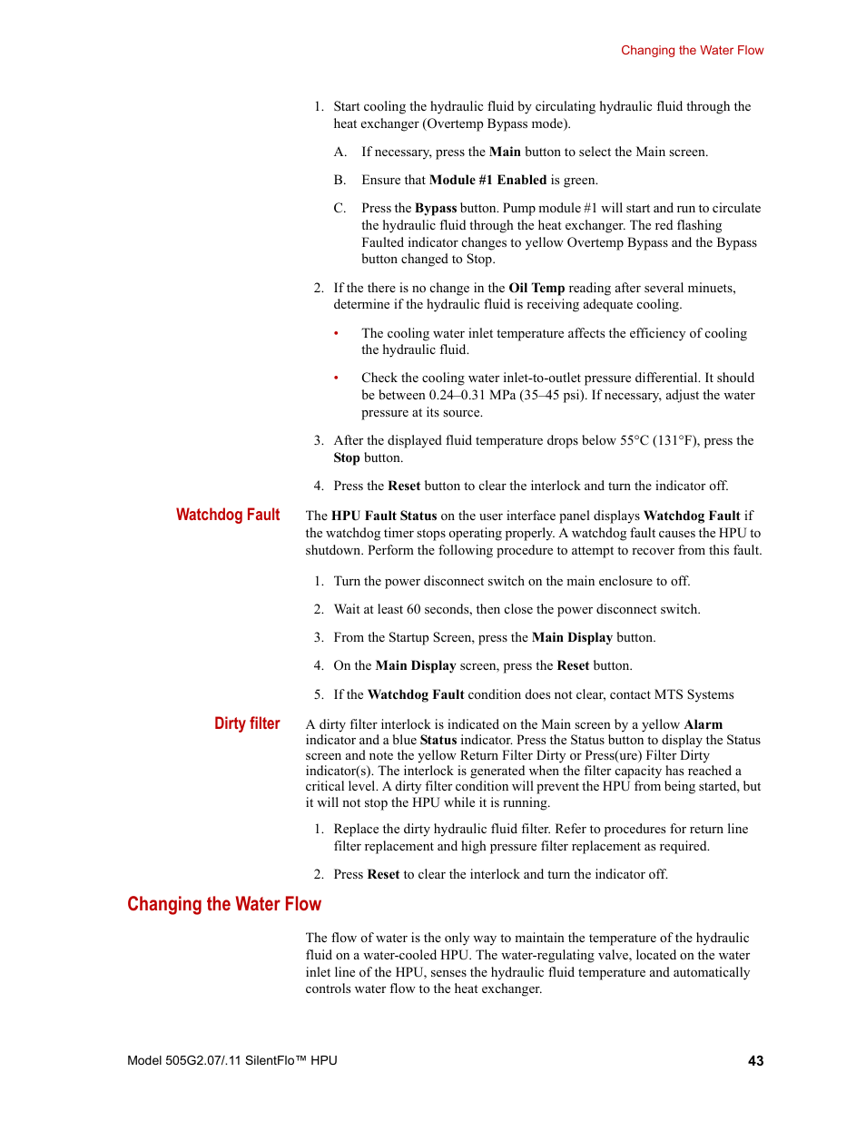 Changing the water flow, Changing the water flow 43 | MTS Series 505G2 SilentFlo Hydraulic Power Unit Model 505G2-11 User Manual | Page 43 / 86