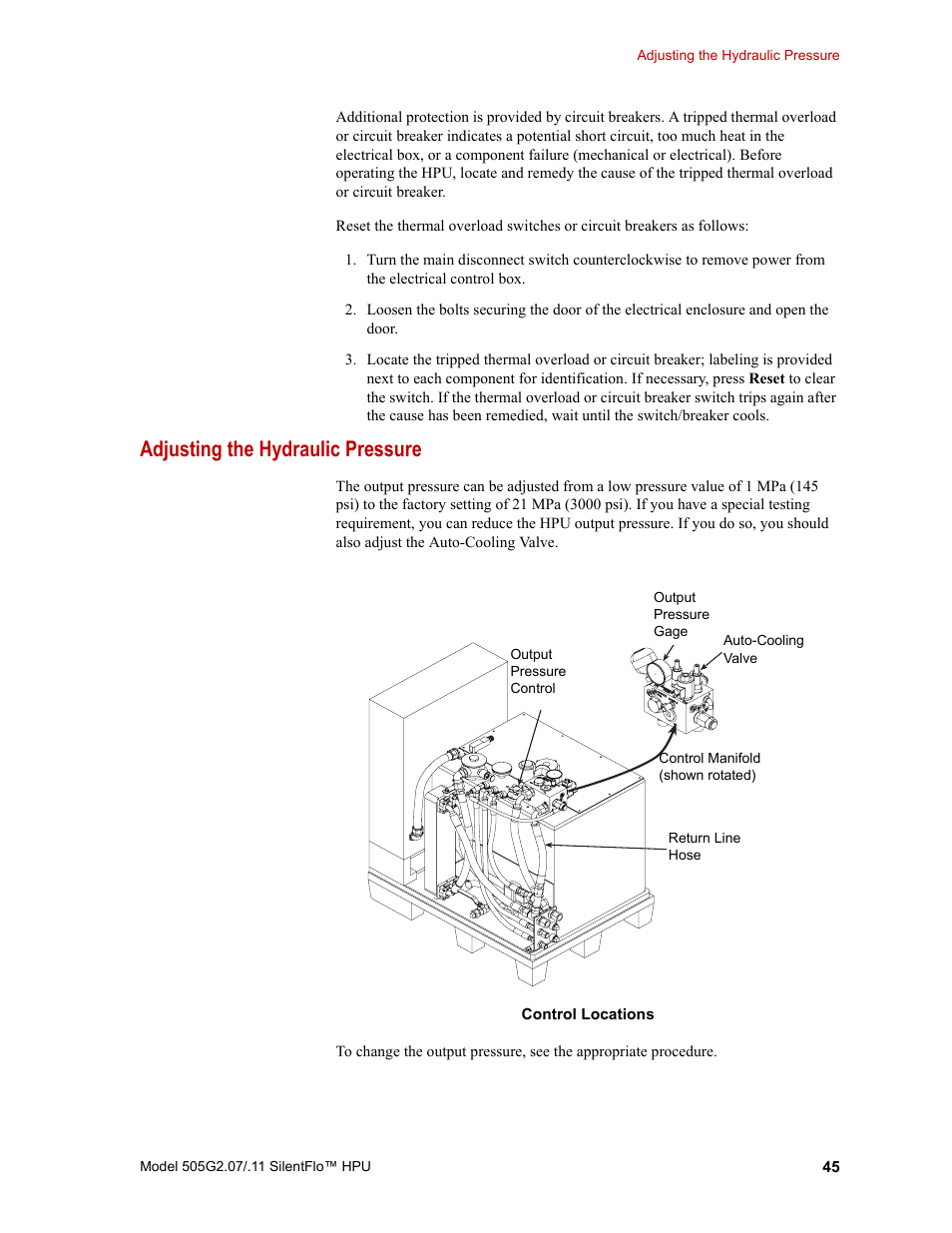 Adjusting the hydraulic pressure, Adjusting the hydraulic pressure 45 | MTS Series 505G2 SilentFlo Hydraulic Power Unit Model 505G2-11 User Manual | Page 45 / 86