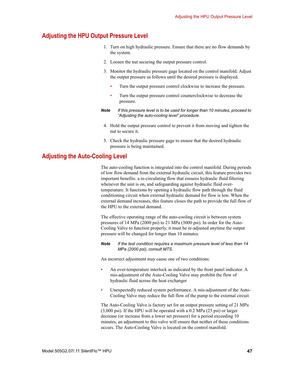 Adjusting the hpu output pressure level, Adjusting the auto-cooling level, Adjusting the hpu output pressure level 47 | Adjusting the auto-cooling level 47 | MTS Series 505G2 SilentFlo Hydraulic Power Unit Model 505G2-11 User Manual | Page 47 / 86