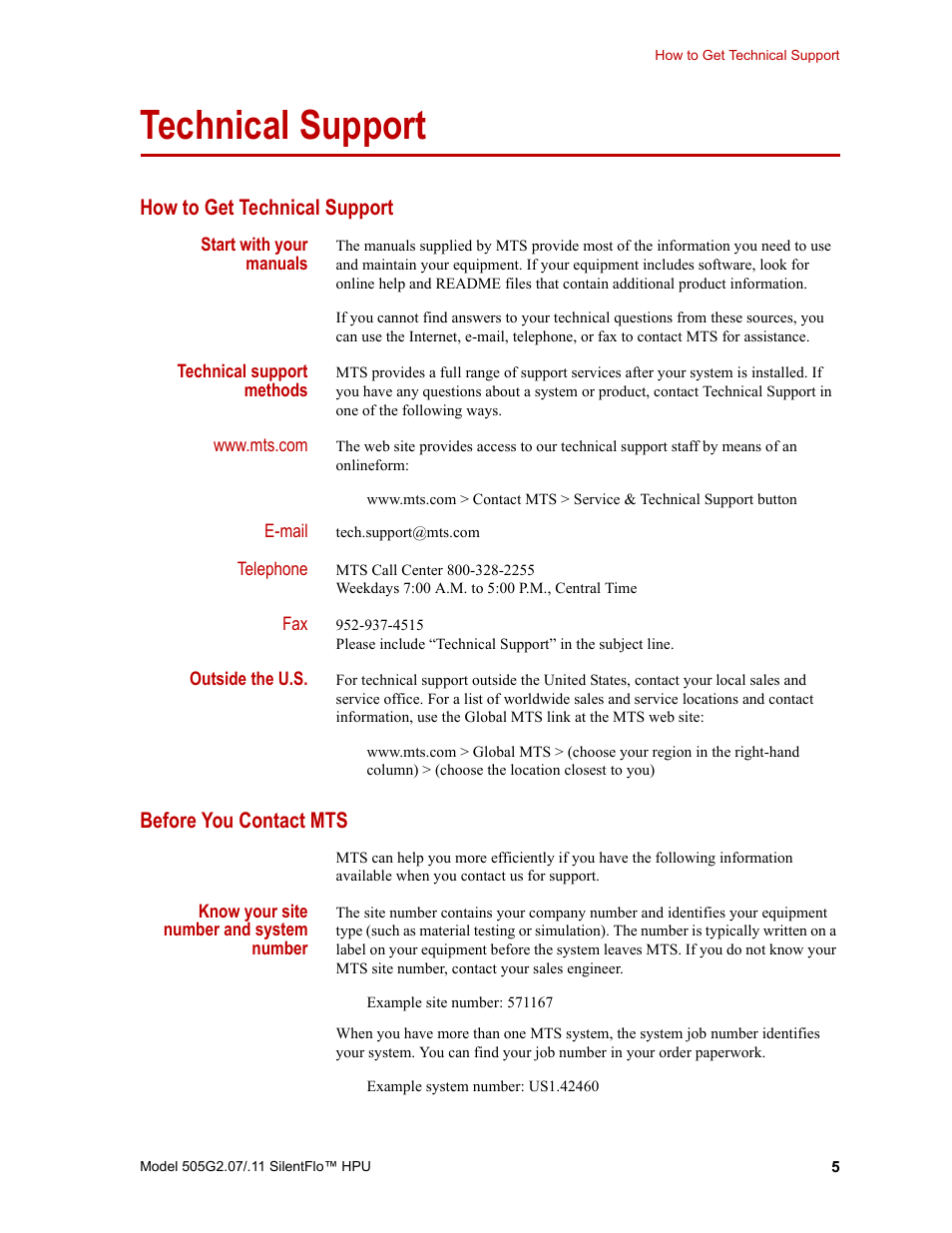 Technical support, How to get technical support, Before you contact mts | Technical support 5 | MTS Series 505G2 SilentFlo Hydraulic Power Unit Model 505G2-11 User Manual | Page 5 / 86