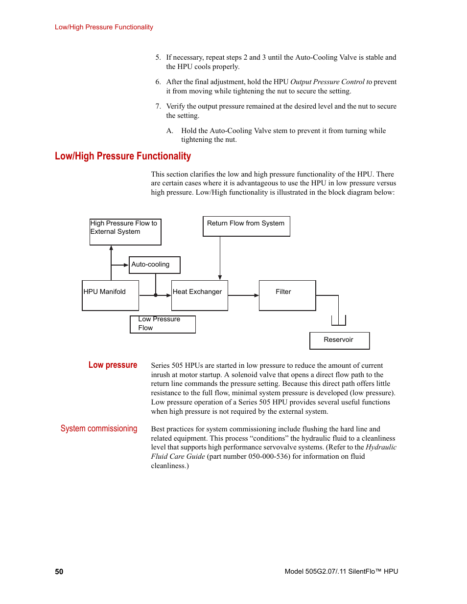 Low/high pressure functionality, Low/high pressure functionality 50 | MTS Series 505G2 SilentFlo Hydraulic Power Unit Model 505G2-11 User Manual | Page 50 / 86