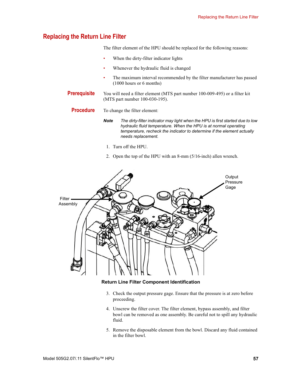 Replacing the return line filter, Replacing the return line filter 57 | MTS Series 505G2 SilentFlo Hydraulic Power Unit Model 505G2-11 User Manual | Page 57 / 86