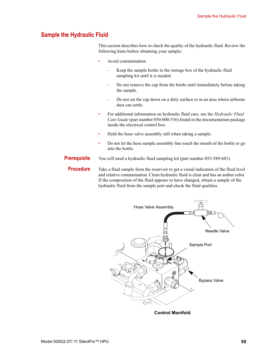 Sample the hydraulic fluid, Sample the hydraulic fluid 59 | MTS Series 505G2 SilentFlo Hydraulic Power Unit Model 505G2-11 User Manual | Page 59 / 86