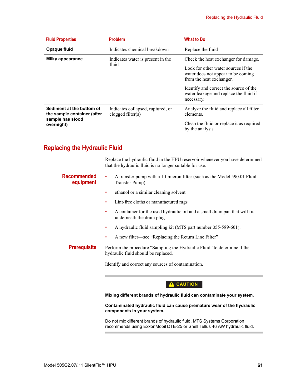 Replacing the hydraulic fluid, Replacing the hydraulic fluid 61 | MTS Series 505G2 SilentFlo Hydraulic Power Unit Model 505G2-11 User Manual | Page 61 / 86