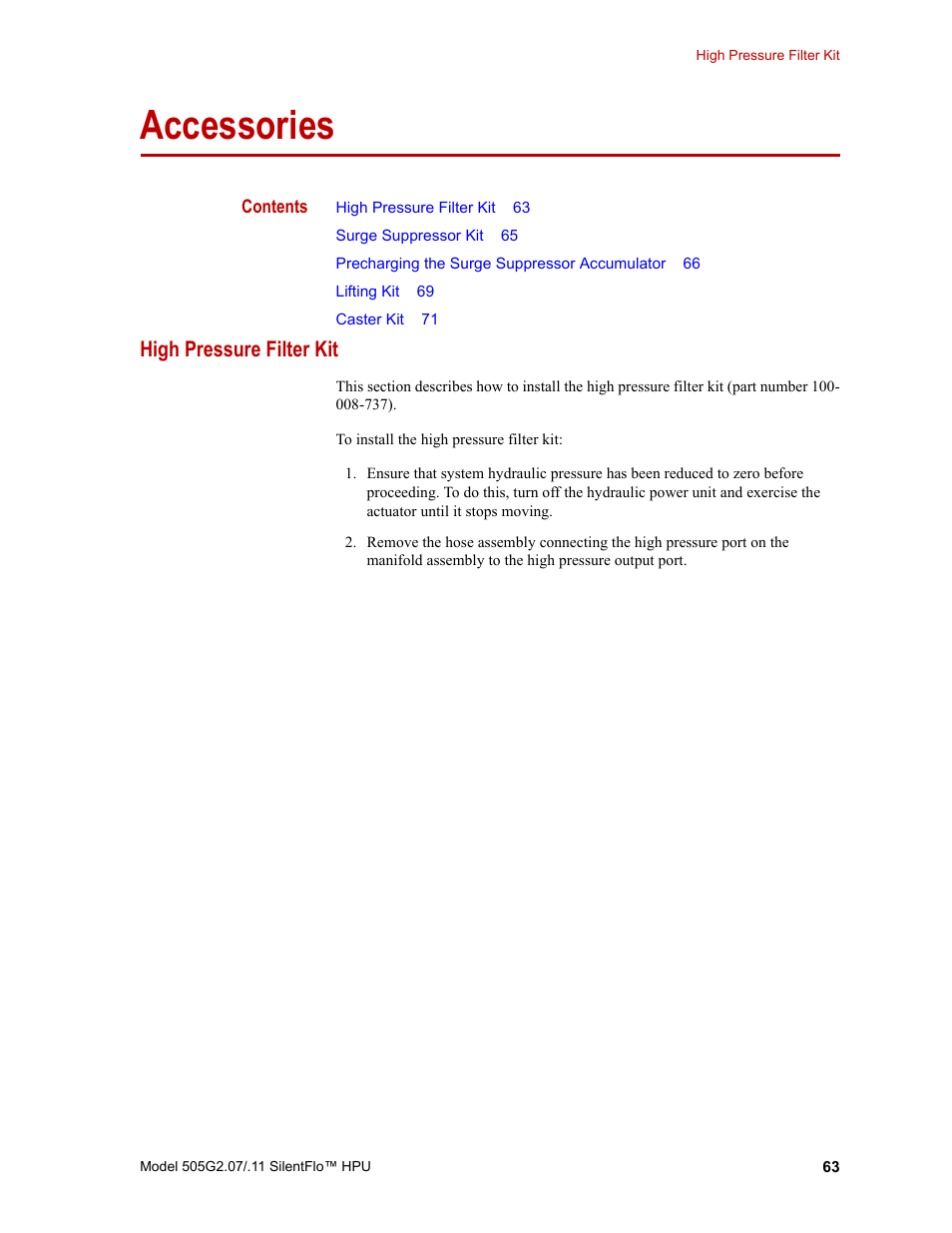 Accessories, High pressure filter kit, Accessories 63 | High pressure filter kit 63 | MTS Series 505G2 SilentFlo Hydraulic Power Unit Model 505G2-11 User Manual | Page 63 / 86