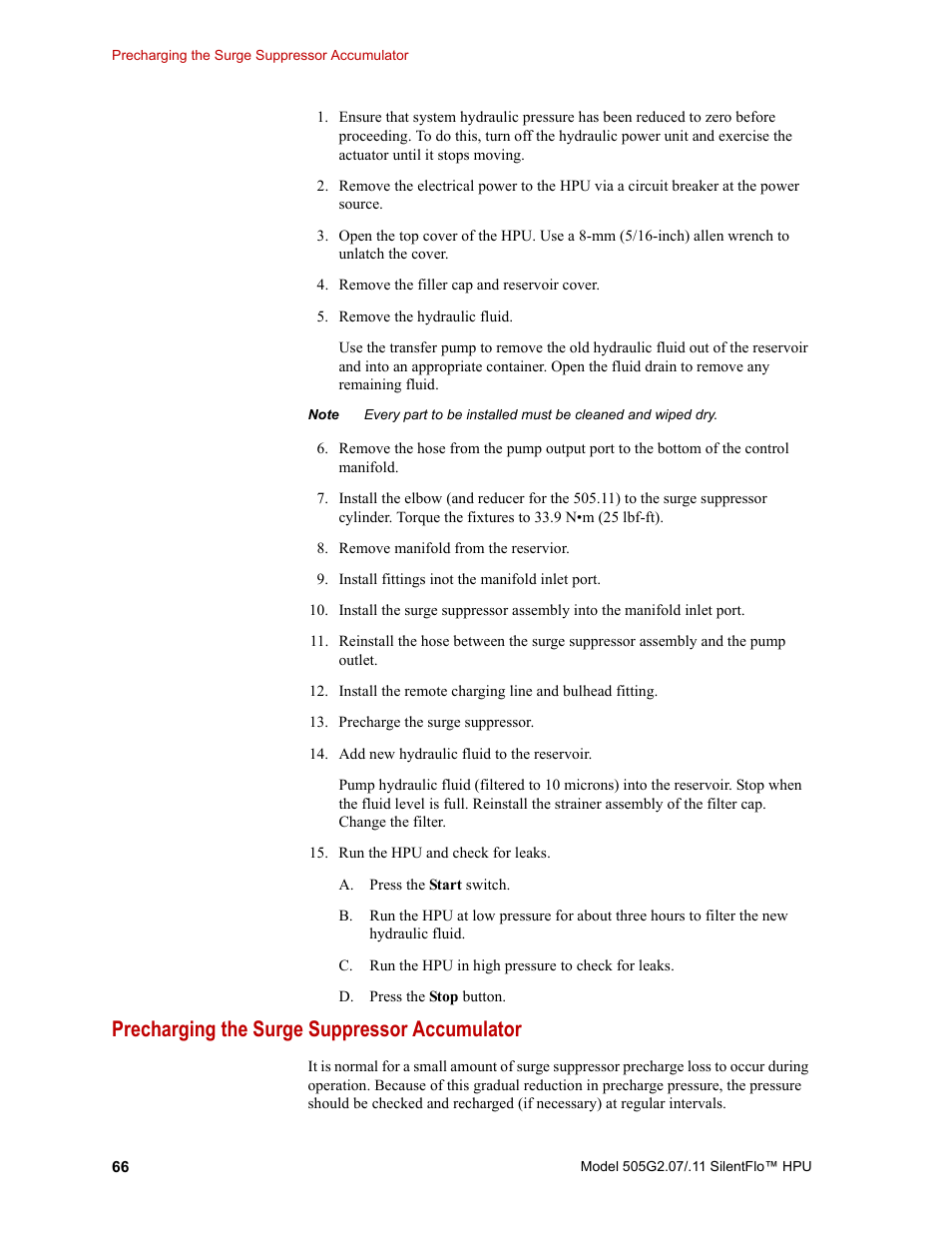 Precharging the surge suppressor accumulator, Precharging the surge suppressor accumulator 66 | MTS Series 505G2 SilentFlo Hydraulic Power Unit Model 505G2-11 User Manual | Page 66 / 86