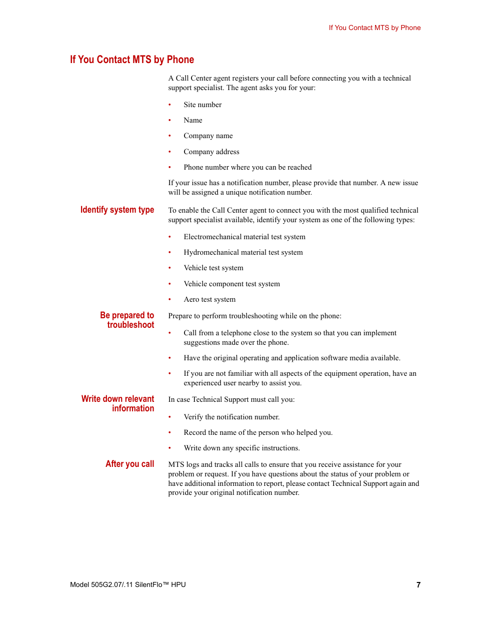 If you contact mts by phone, If you contact mts by phone 7 | MTS Series 505G2 SilentFlo Hydraulic Power Unit Model 505G2-11 User Manual | Page 7 / 86