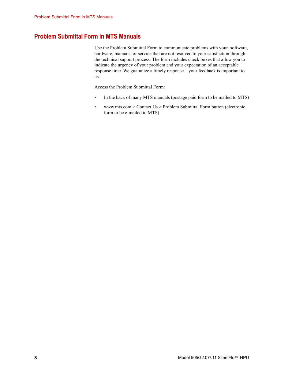 Problem submittal form in mts manuals, Problem submittal form in mts manuals 8 | MTS Series 505G2 SilentFlo Hydraulic Power Unit Model 505G2-11 User Manual | Page 8 / 86