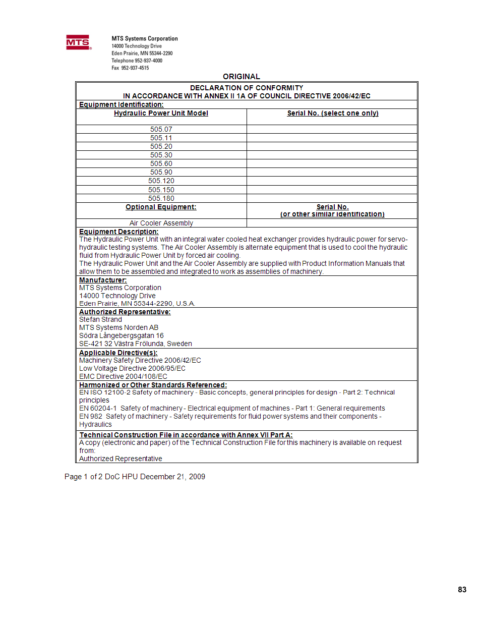 MTS Series 505G2 SilentFlo Hydraulic Power Unit Model 505G2-11 User Manual | Page 83 / 86
