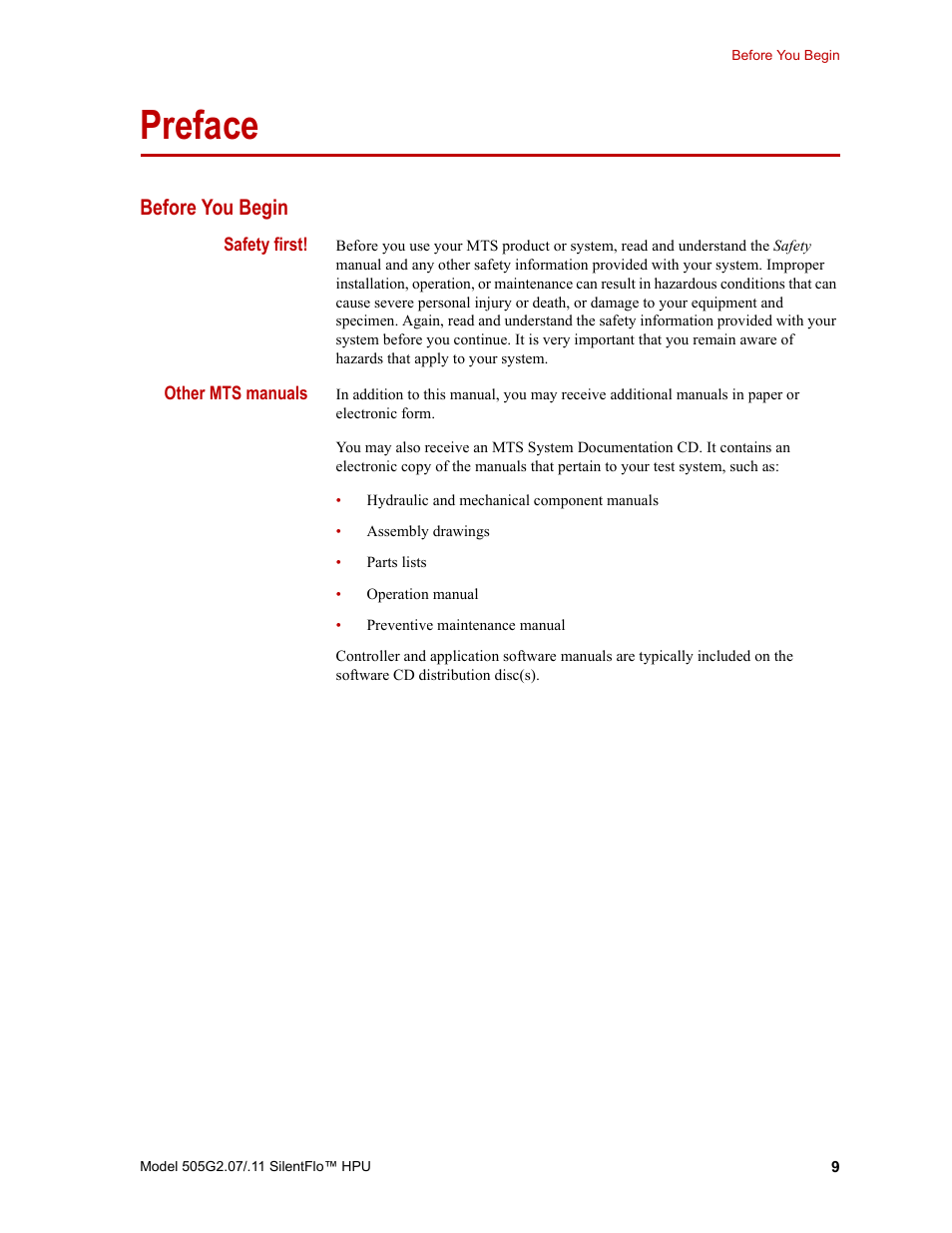 Preface, Before you begin, Preface 9 | Before you begin 9 | MTS Series 505G2 SilentFlo Hydraulic Power Unit Model 505G2-11 User Manual | Page 9 / 86
