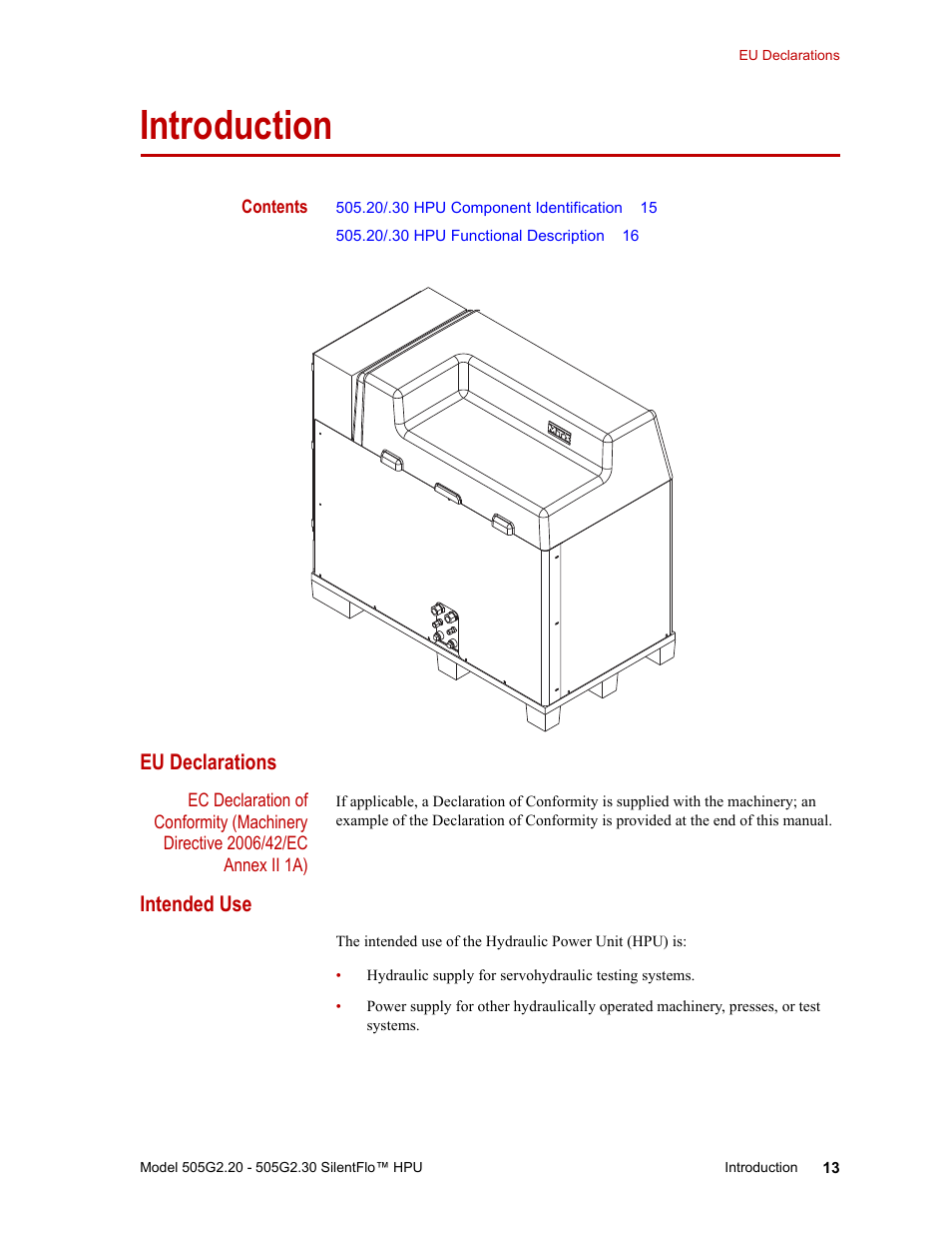Introduction, Eu declarations, Intended use | Introduction 13, Eu declarations 13 intended use 13 | MTS Series 505G2 SilentFlo Hydraulic Power Unit Model 505G2-30 User Manual | Page 13 / 90
