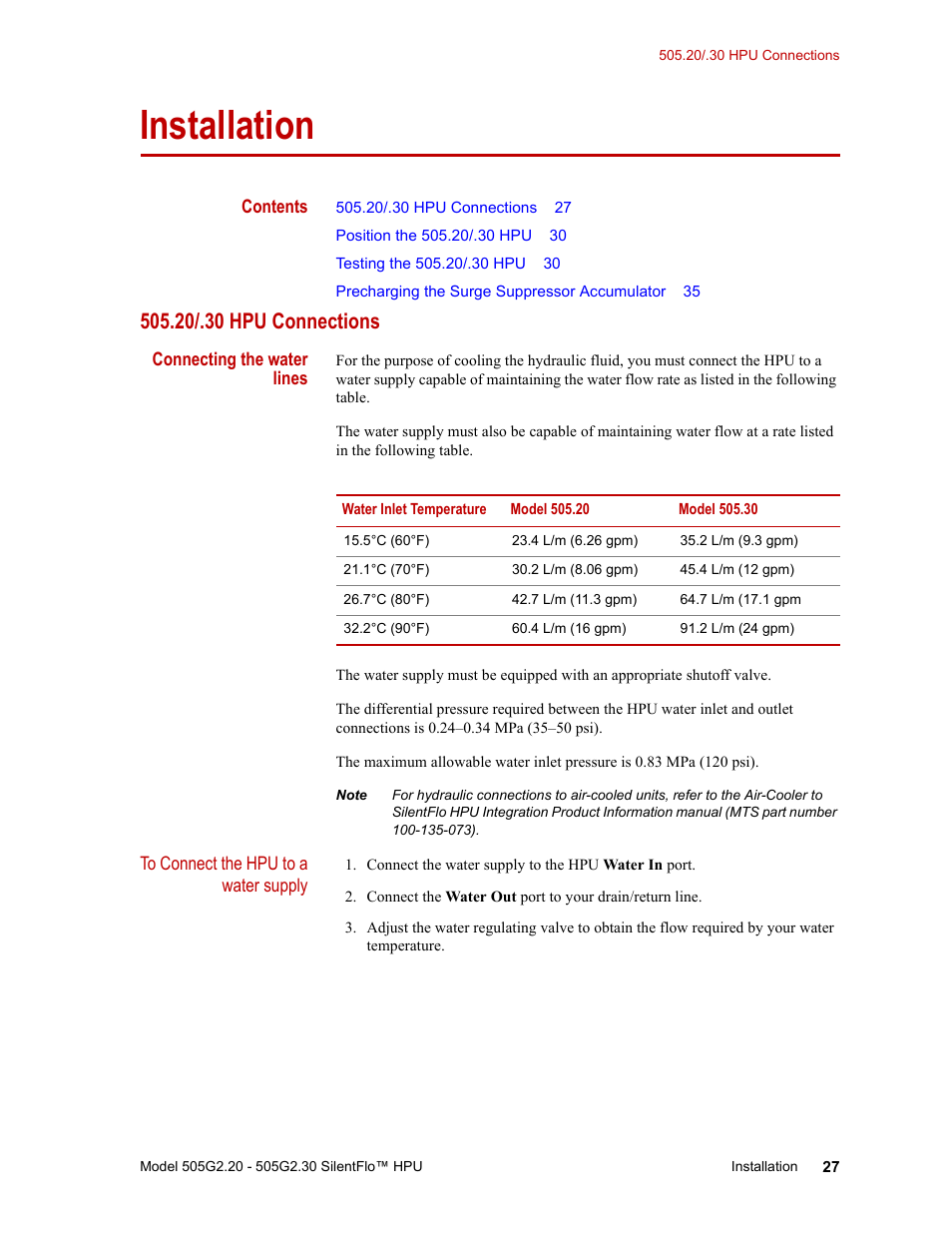 Installation, 20/.30 hpu connections, Installation 27 | 20/.30 hpu connections 27 | MTS Series 505G2 SilentFlo Hydraulic Power Unit Model 505G2-30 User Manual | Page 27 / 90